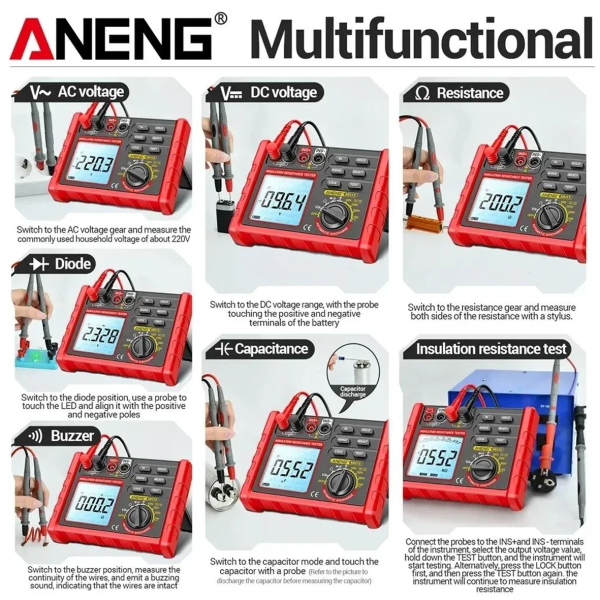 Фото - Тестер опору ізоляції Aneng MH15 750V AC/ 1000V DC Voltage, тест 100-1000V / 0,1МОм - 2000МОм, опір 0Ом - 60МОм, LCD з підсвіткою