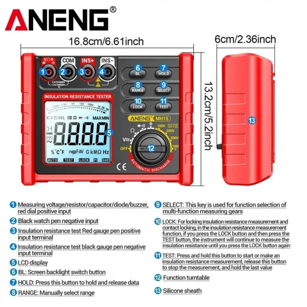 Фото - Тестер опору ізоляції Aneng MH15 750V AC/ 1000V DC Voltage, тест 100-1000V / 0,1МОм - 2000МОм, опір 0Ом - 60МОм, LCD з підсвіткою