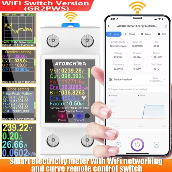 Фото - Лічильник електроенергії 1ф 100А WiFi Smart з розмикачем ATORCH GR2PWS з кольоровим дисплеєм
