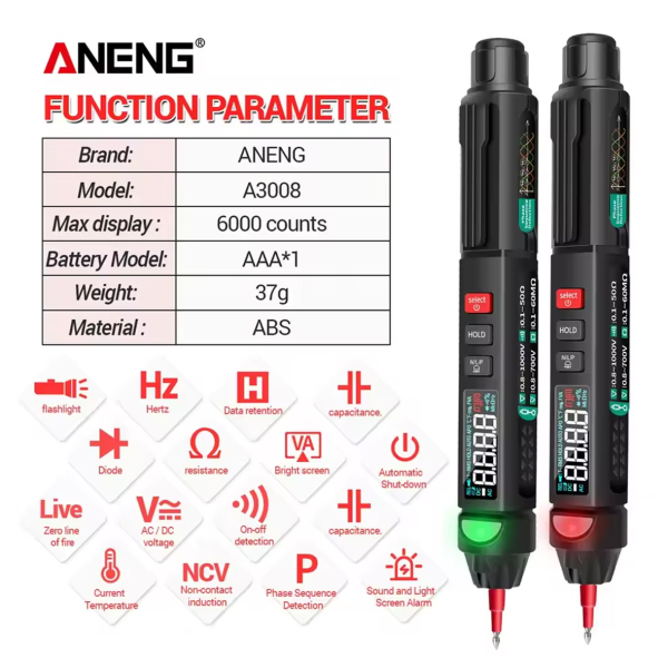 Фото - Мультиметр Aneng A3008 700V AC/ 1000V DC Voltage, NCV, VA кольоров.дисплей, Smart