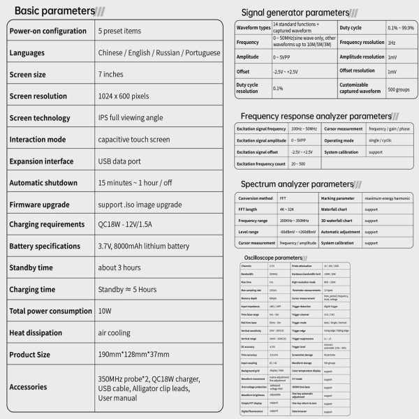 Фото - FNIRSI DPOS350P 4-в-1, 2 щупи, 350MHz*2 планшетний осцилограф / генератор сигналів / аналізатор спектру / аналізатор частотної характеристики, розширена комплектація