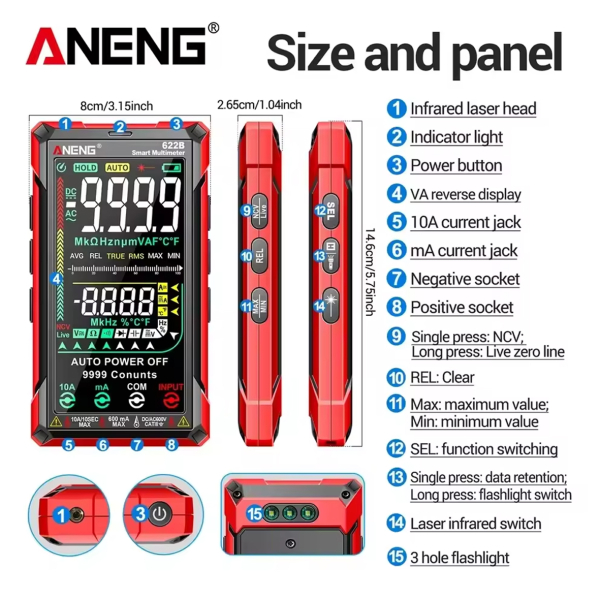 Фото - Мультиметр Aneng 622B 1000V AC/DC Voltage, 10A AC/DC Current, NCV, VA кольоров.дисплей, True RMS, Smart, лазерний індикатор