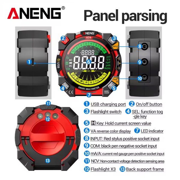 Фото - Мультиметр Aneng 626 600V AC/DC Voltage, 10A AC/DC Current, NCV, VA кольоров.дисплей, Smart, літієвий акумулятор