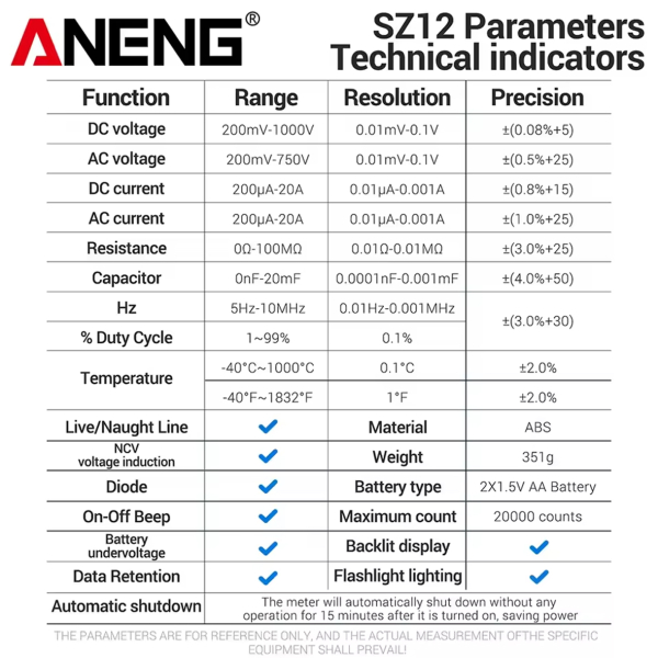 Фото - Мультиметр Aneng SZ12 750V AC/ 1000V DC Voltage, 20A AC/DC Current, NCV, LCD з підсвіткою, True RMS