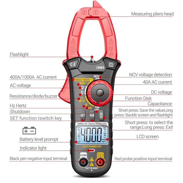 Фото - Струмові (токові) кліщі Aneng CM83 600V AC/DC Voltage, 1000A AC Current, NCV, мультиметр, LCD з підсвіткою