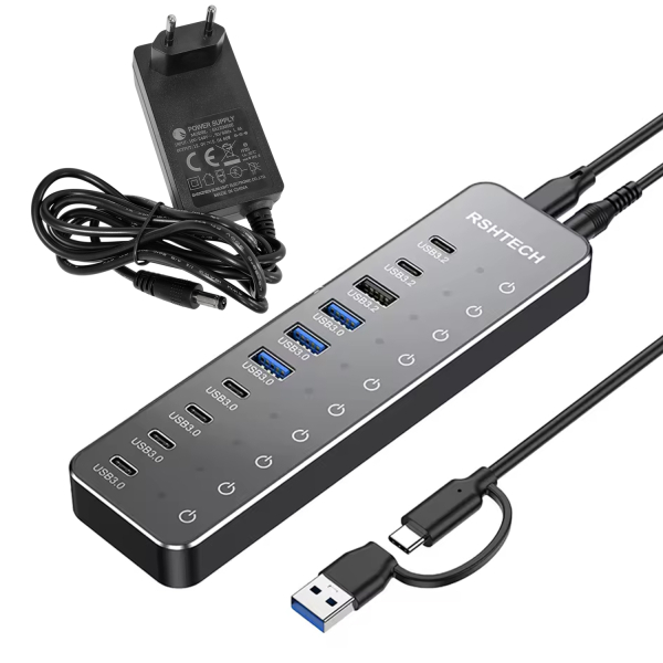 Фото - USB-хаб HUB, 10 портів (3хUSB 3.2 10Gbps + 7хUSB 3.0 5Gbps), з блоком живлення 12V 5A