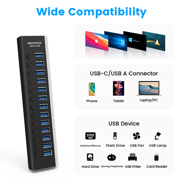 Фото - USB-хаб 3.1 Gen 2 HUB, 10Gbps, 13 портів USB 3.1 Gen 2, з блоком живлення 12V 6A