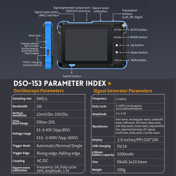 Фото - FNIRSI DSO153 1MHz*1 міні осцилограф / генератор сигналів, розширена комплектація