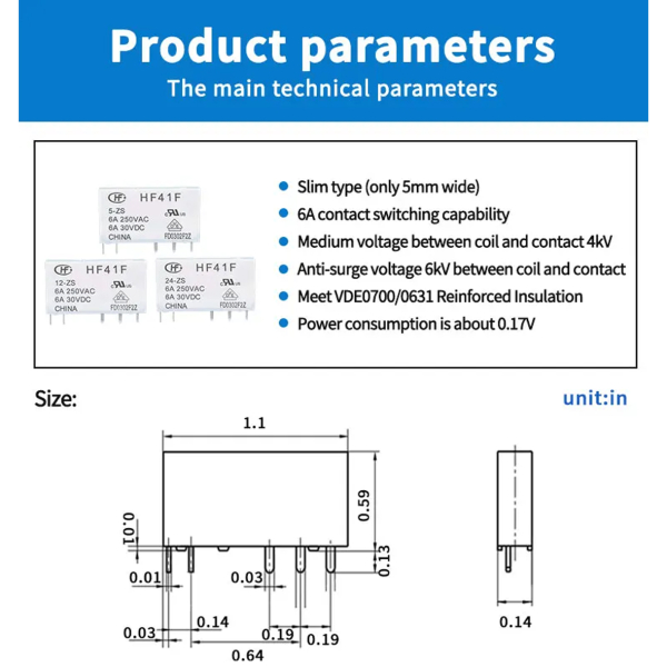Фото - Реле комутації HF41F з монтажною колодкою 6,2мм. 6A, 240VAC