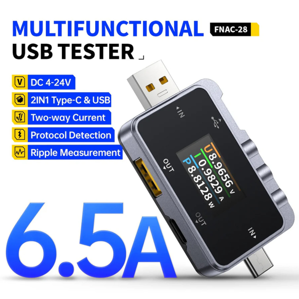 Фото - FNIRSI FNAC-28 USB тестер цифровий (струм/напруга/потужність)