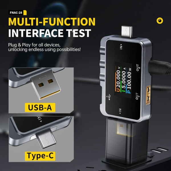 Фото - FNIRSI FNAC-28 USB тестер цифровий (струм/напруга/потужність)