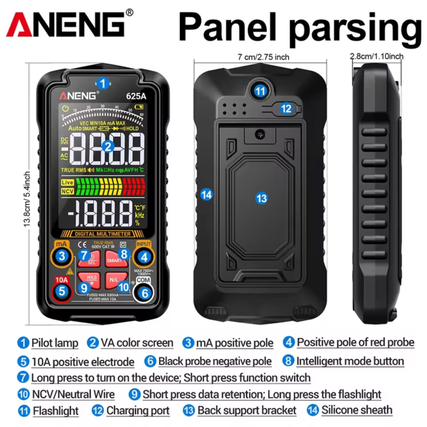 Фото - Мультиметр Aneng 625A 750V AC/ 1000V DC Voltage, 10A AC/DC Current, NCV, VA кольоров.дисплей, True RMS, Smart, літієвий акумулятор
