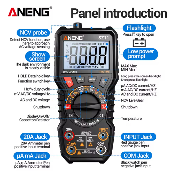 Фото - Мультиметр Aneng SZ11 750V AC/ 1000V DC Voltage, 20A AC/DC Current, NCV, LCD з підсвіткою, True RMS
