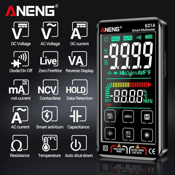 Фото - Мультиметр Aneng 621A 1000V AC/DC Voltage, 10A AC/DC Current, NCV, VA кольоров.дисплей, True RMS, Smart, літієвий акумулятор