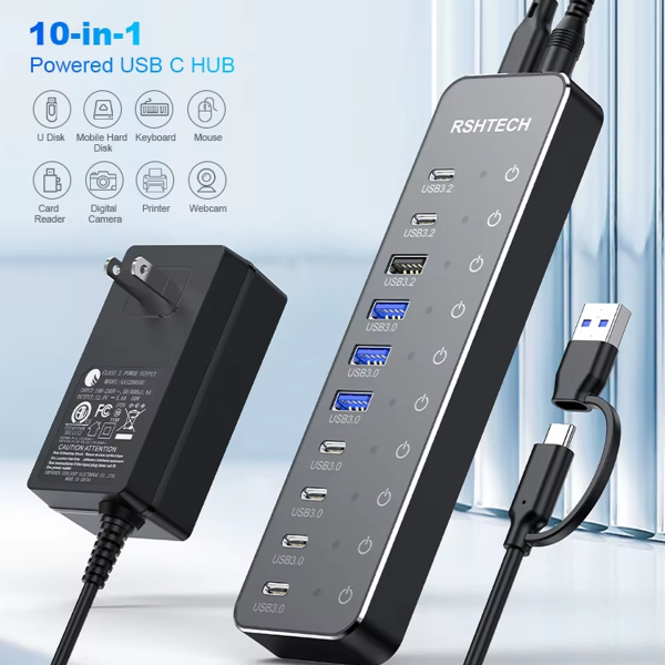 Фото - USB-хаб HUB, 10 портів (3хUSB 3.2 10Gbps + 7хUSB 3.0 5Gbps), з блоком живлення 12V 5A