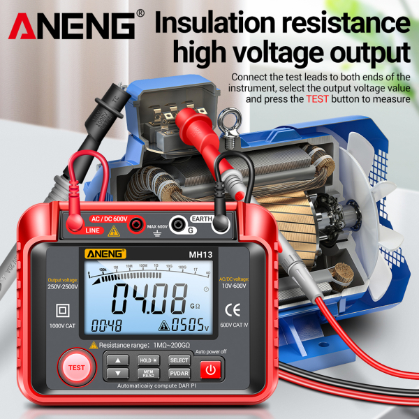 Фото - Тестер опору ізоляції Aneng MH13 600V AC/DC Voltage, тест 250-2500V / 1МОм - 40ГОм, опір 1МОм - 200ГОм, LCD з підсвіткою