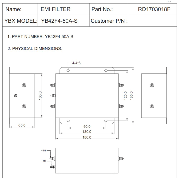Фото - Фільтр ВЧ EMI 250VAC 50A 1ф YB42F4-50A-S
