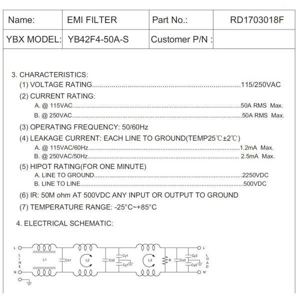 Фото - Фільтр ВЧ EMI 250VAC 50A 1ф YB42F4-50A-S