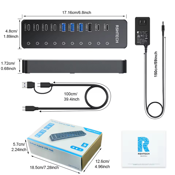 Фото - USB-хаб HUB, 10 портів (3хUSB 3.2 10Gbps + 7хUSB 3.0 5Gbps), з блоком живлення 12V 5A