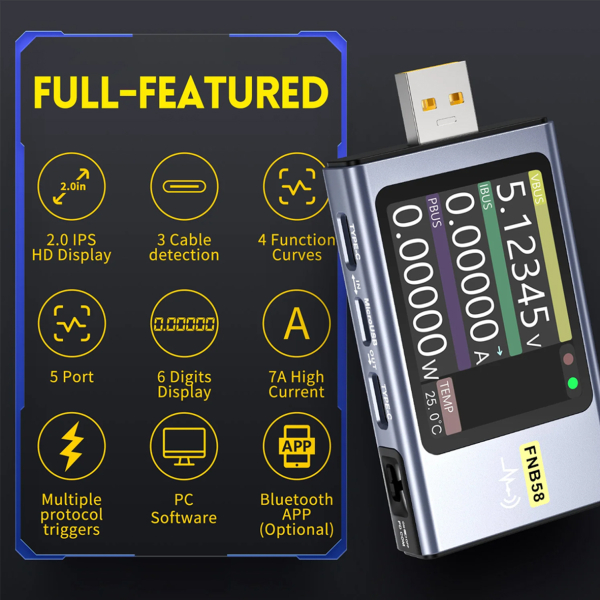 Фото - FNIRSI FNB58 USB тестер цифровий (струм / напруга / потужність / енергія)