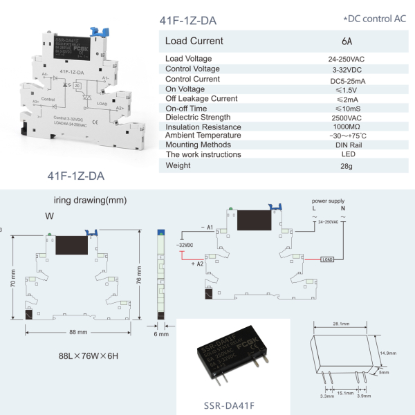 Фото - SSR-DA41F(41F-1Z-DA6A) Control (3-32VDC) Load (6A 24-250VAC)