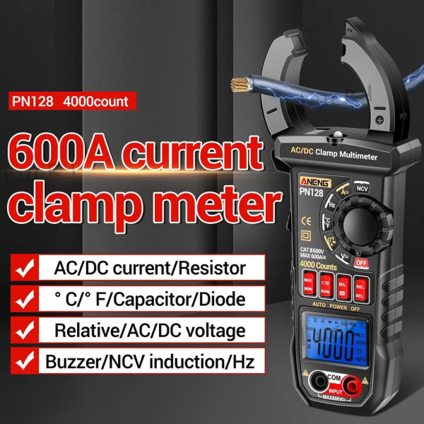 Фото - Струмові (токові) кліщі Aneng PN128 600V AC/DC Voltage, 600A AC/DC Current, NCV, мультиметр, LCD з підсвіткою