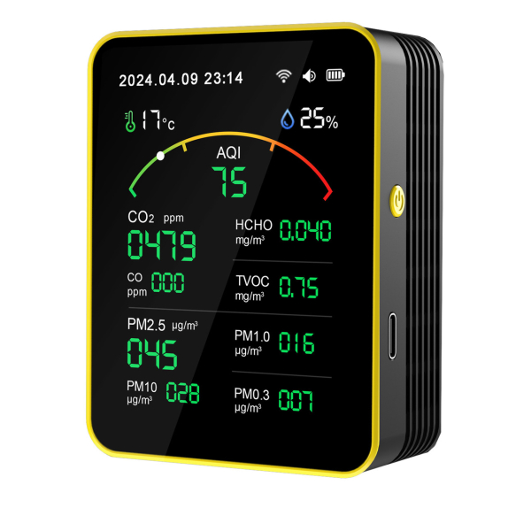 Фото - Монітор якості довкілля ZN-MT15 чорний, AQI, CO2, CO, PM2.5, PM1.0, PM10, PM0.3, температура, вологість, час, дата, HCHO, TVOC, Wi