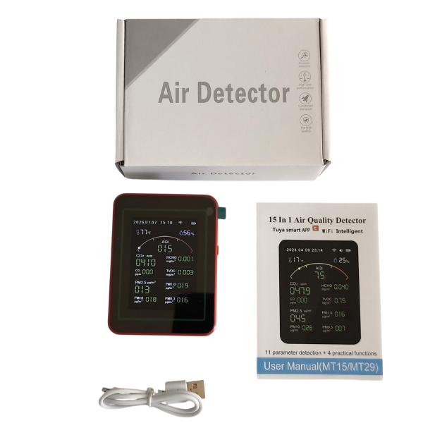 Фото - Монітор якості довкілля ZN-MT29 чорний, AQI, CO2, CO, PM2.5, PM1.0, PM10, PM0.3, температура, вологість, час, дата, HCHO, TVOC, Wi