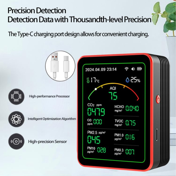 Фото - Монітор якості довкілля ZN-MT29 чорний, AQI, CO2, CO, PM2.5, PM1.0, PM10, PM0.3, температура, вологість, час, дата, HCHO, TVOC, Wi