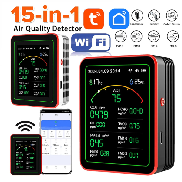 Фото - Монітор якості довкілля ZN-MT29 чорний, AQI, CO2, CO, PM2.5, PM1.0, PM10, PM0.3, температура, вологість, час, дата, HCHO, TVOC, Wi