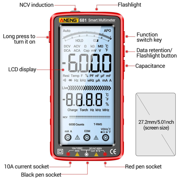 Фото - Мультиметр Aneng 681 750V AC/ 1000V DC Voltage, 10A AC/DC Current, NCV, LCD с подсветкой, True RMS, Smart