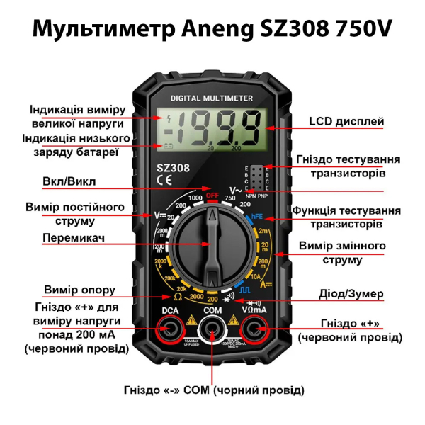 Фото - Мультиметр Aneng SZ308 750V AC/1000V DC Voltage, 10A DC Current, NCV, LCD с подсветкой