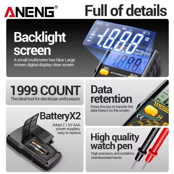 Фото - Мультиметр Aneng SZ306 600V AC/DC Voltage, 10A DC Current, LCD с подсветкой