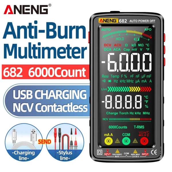 Фото - Мультиметр Aneng 682 750V AC/ 1000V DC Voltage, 10A AC/DC Current, NCV, VA цветной дисплей, True RMS, Smart, литиевый аккумулятор