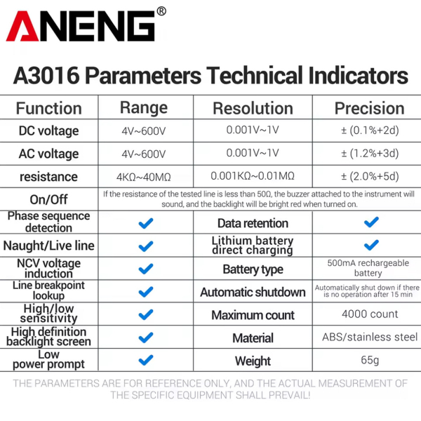 Фото - Мультиметр Aneng A3016 600V AC/DC Voltage, NCV, LCD с подсветкой, Smart, литиевый аккумулятор