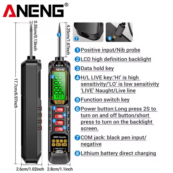 Фото - Мультиметр Aneng A3016 600V AC/DC Voltage, NCV, LCD с подсветкой, Smart, литиевый аккумулятор