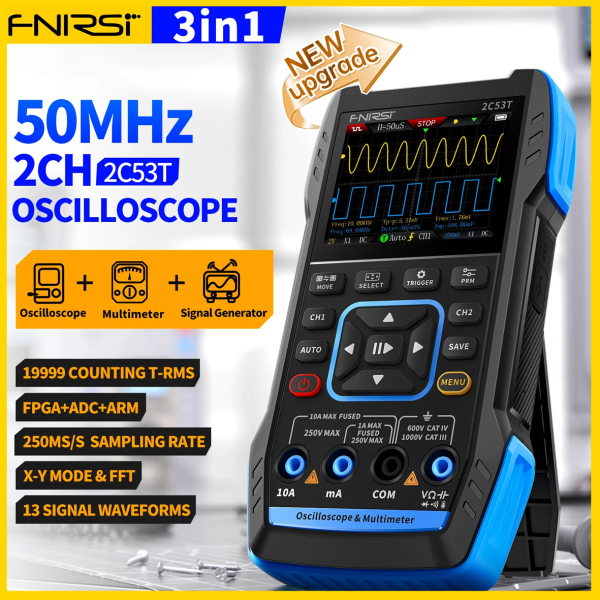 Фото - FNIRSI 2C53T, 2щупи (цифровий мультиметр / портативний осцилограф 50 МГц*2 / генератор сигналів / 9999 Count Smart професійний тестер), розширена комплектація