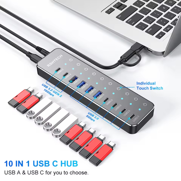 Фото - USB-хаб HUB, 10 портів (3хUSB 3.2 10Gbps + 7хUSB 3.0 5Gbps), з блоком живлення 12V 5A