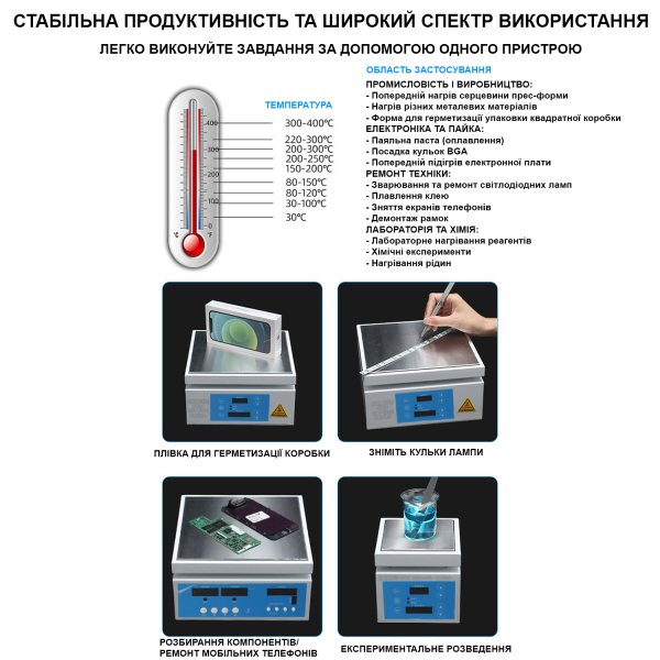 Фото - Станція нагрівальна (нагрівальний стіл) B215, 200*150мм, 700Вт 220В для пайки плат