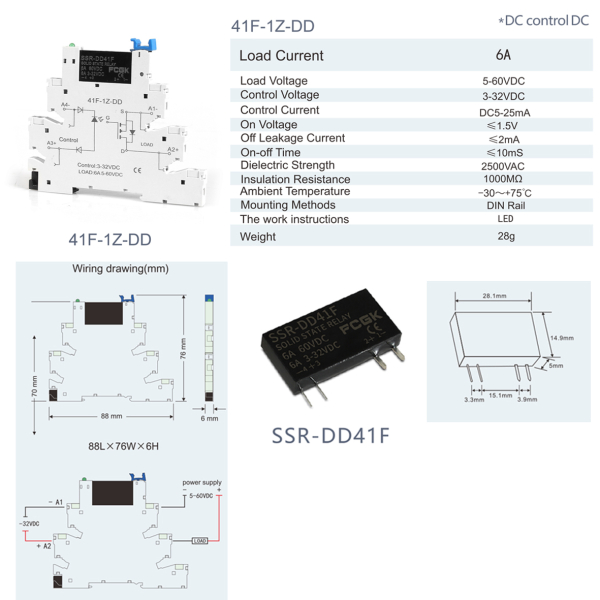 Фото - SSR-DD41F(41F-1Z-DD6A) Control (3-32VDC) Load (6A 5-60VDC)