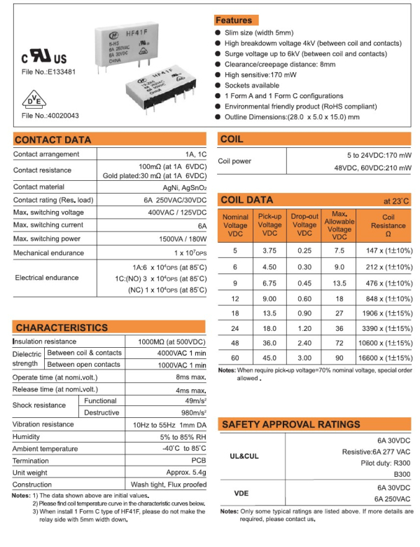 Фото - Реле DIN HF41F, котушка DC5VDC, контакти 1NO/NC, 6A 240VAC, 6A 30VDC