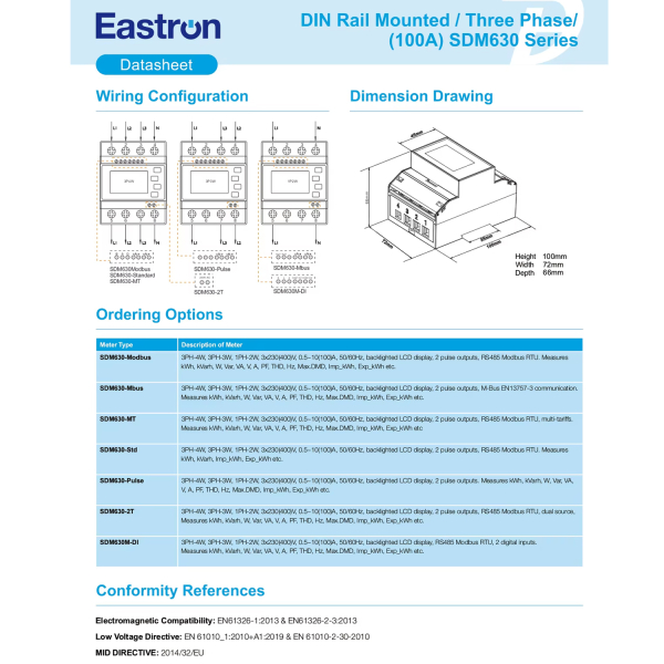 Фото - Лічильник електроенергії 3ф двонаправлений Eastron SDM630MCT (RS485), клас точності 0.5S, оригінал