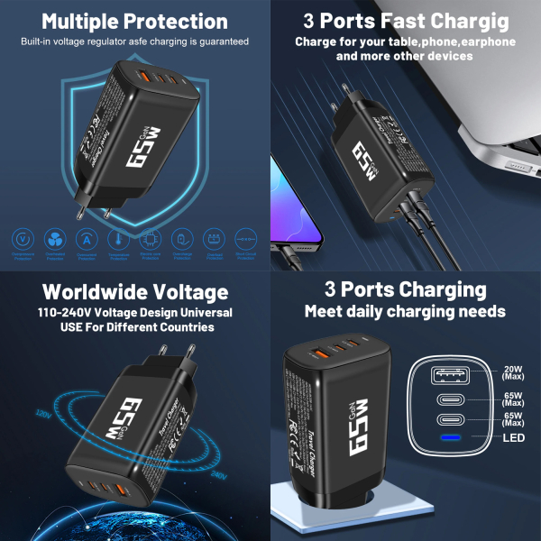 Фото - Зарядка 65Вт GaN, QC3.0, PD, PD 3.0, SuperVOOC 1.0, SuperVOOC 2.0, USB type C для телефону з кабелем 2м