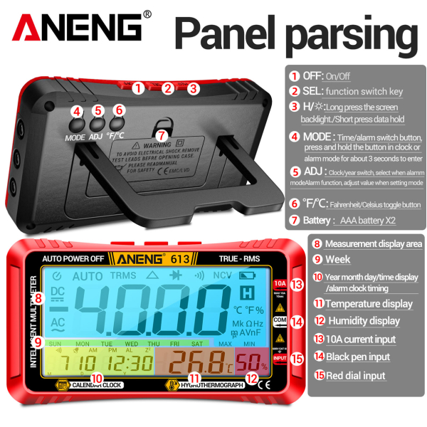 Фото - Мультиметр Aneng 613 600V AC/DC Voltage, 10A AC/DC Current, LCD з підсвіткою, True RMS, Smart