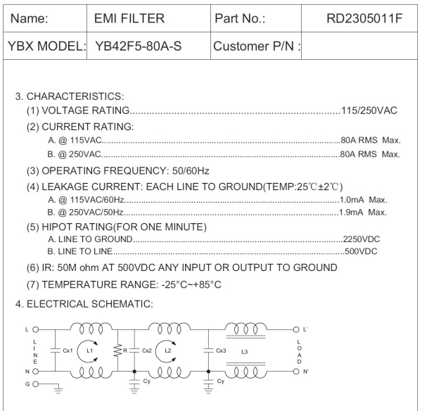 Фото - Фільтр ВЧ EMI 250VAC 80A 1ф YB42F5-80A-S