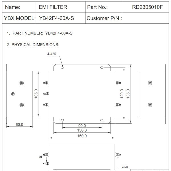 Фото - Фільтр ВЧ EMI 250VAC 60A 1ф YB42F4-60A-S