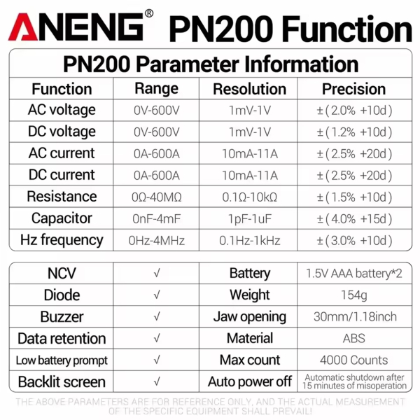 Фото - Струмові (токові) кліщі Aneng PN200 600V AC/DC Voltage, 600A AC/DC Current, NCV, мультиметр, LCD дисплей