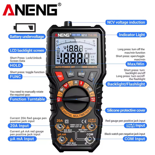Фото - Мультиметр Aneng SZ12 750V AC/ 1000V DC Voltage, 20A AC/DC Current, NCV, LCD з підсвіткою, True RMS